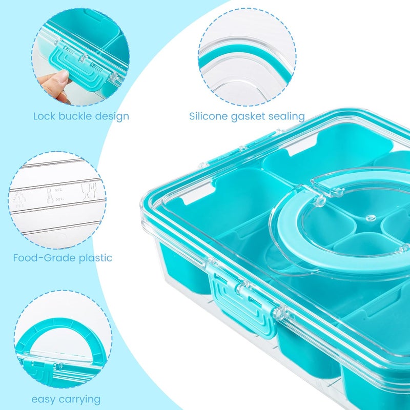 Dingerjar Divided Serving Tray with Lid and Handle - Snackle Box Charcuterie Container for Portable Snack Platters Organizer for Candy, Fruits, Nuts, Snacks - Perfect for Party, Entertaining, Lake blue - Image 4